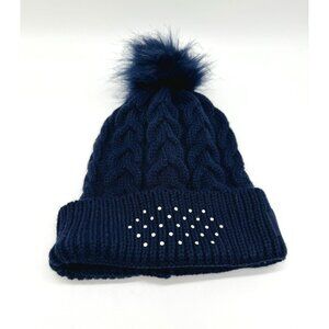 Swarovski Crystal Knit Winter Hat Navy Blue Faux Fur Pom Pom
